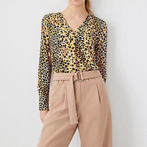 Ann Taylor Petite Leopard Print Mixed Media Pleat Front Top SP